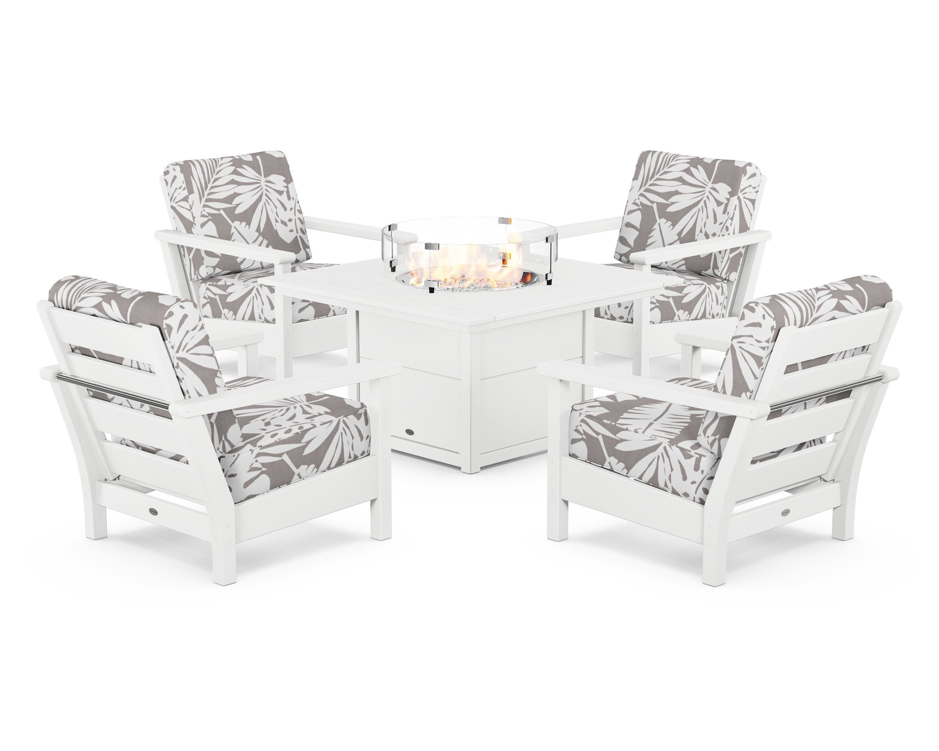 POLYWOOD® Harbour 5-Piece Conversation Set with Fire Pit Table in White / Leaf Grey Mist