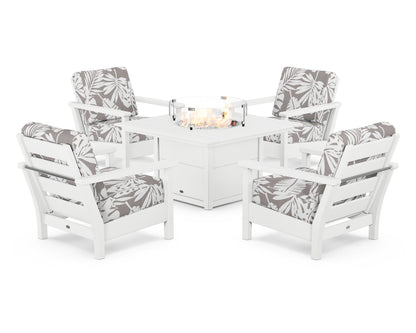 POLYWOOD® Harbour 5-Piece Conversation Set with Fire Pit Table in White / Leaf Grey Mist