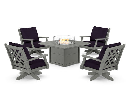 Country Living Wovendale 5-Piece Deep Seating Swivel Conversation Set with Fire Pit Table in Slate Grey / Navy Linen