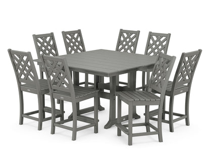 Country Living Wovendale Side Chair 9-Piece Square Farmhouse Counter Set with Trestle Legs in Slate Grey