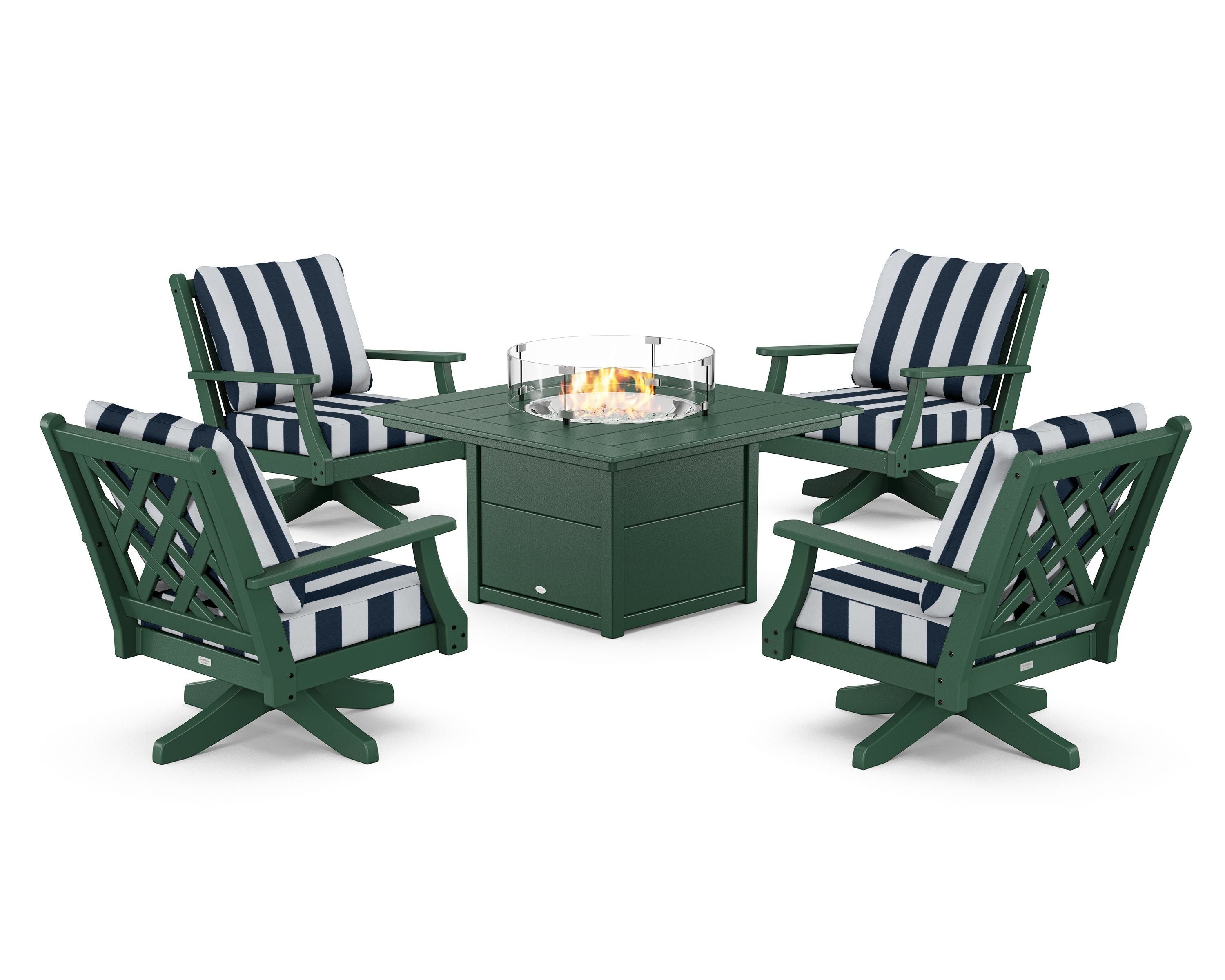 Country Living Wovendale 5-Piece Deep Seating Swivel Conversation Set with Fire Pit Table in Green / Cabana Stripe Marine Indigo