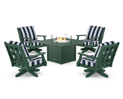 Country Living Wovendale 5-Piece Deep Seating Swivel Conversation Set with Fire Pit Table in Green / Cabana Stripe Marine Indigo