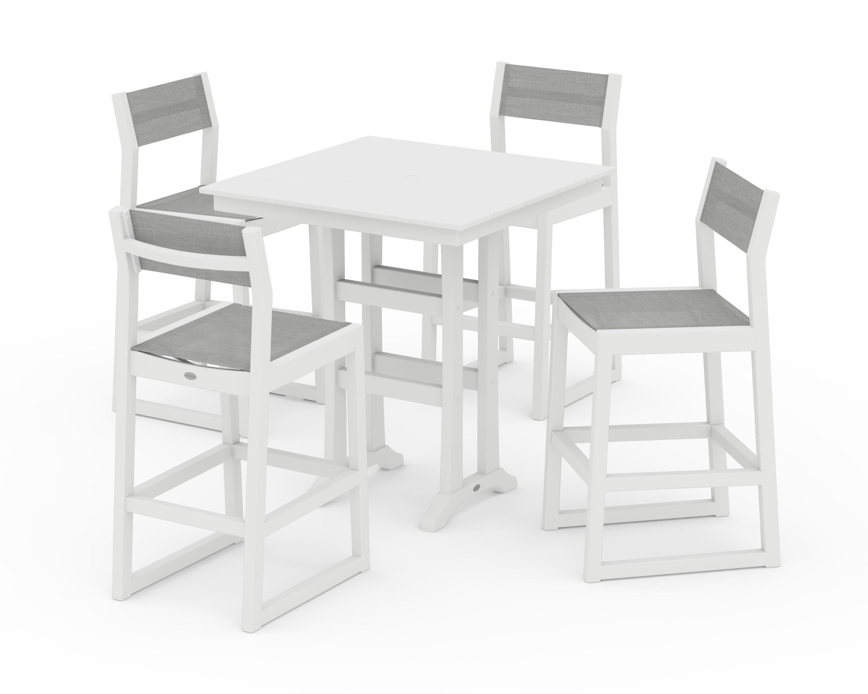 POLYWOOD® EDGE Sling Arm Chair 5-Piece Farmhouse Bar Set with Trestle Legs in White / Metallic Sling