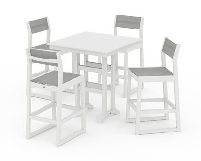 POLYWOOD® EDGE Sling Arm Chair 5-Piece Farmhouse Bar Set with Trestle Legs in White / Metallic Sling