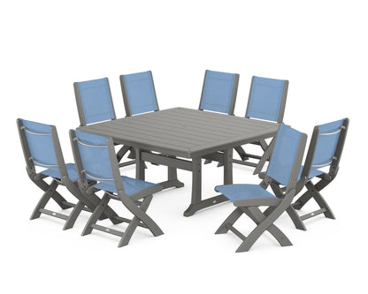 POLYWOOD® Coastal Folding Side Chair 9-Piece Dining Set with Trestle Legs in Slate Grey / Poolside Sling
