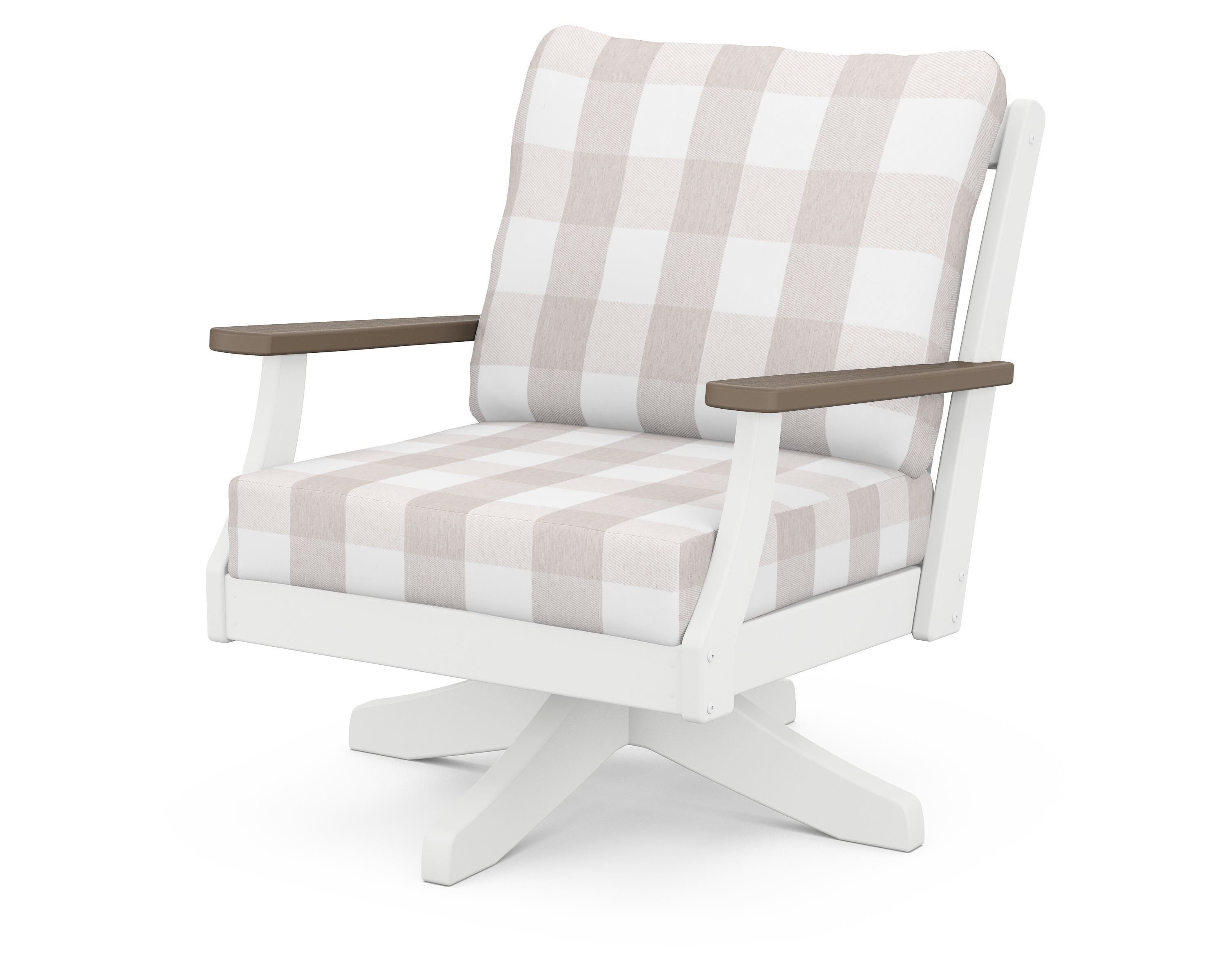 POLYWOOD® Braxton Deep Seating Swivel Chair in White / Kona / Buffalo Plaid Dune Burlap