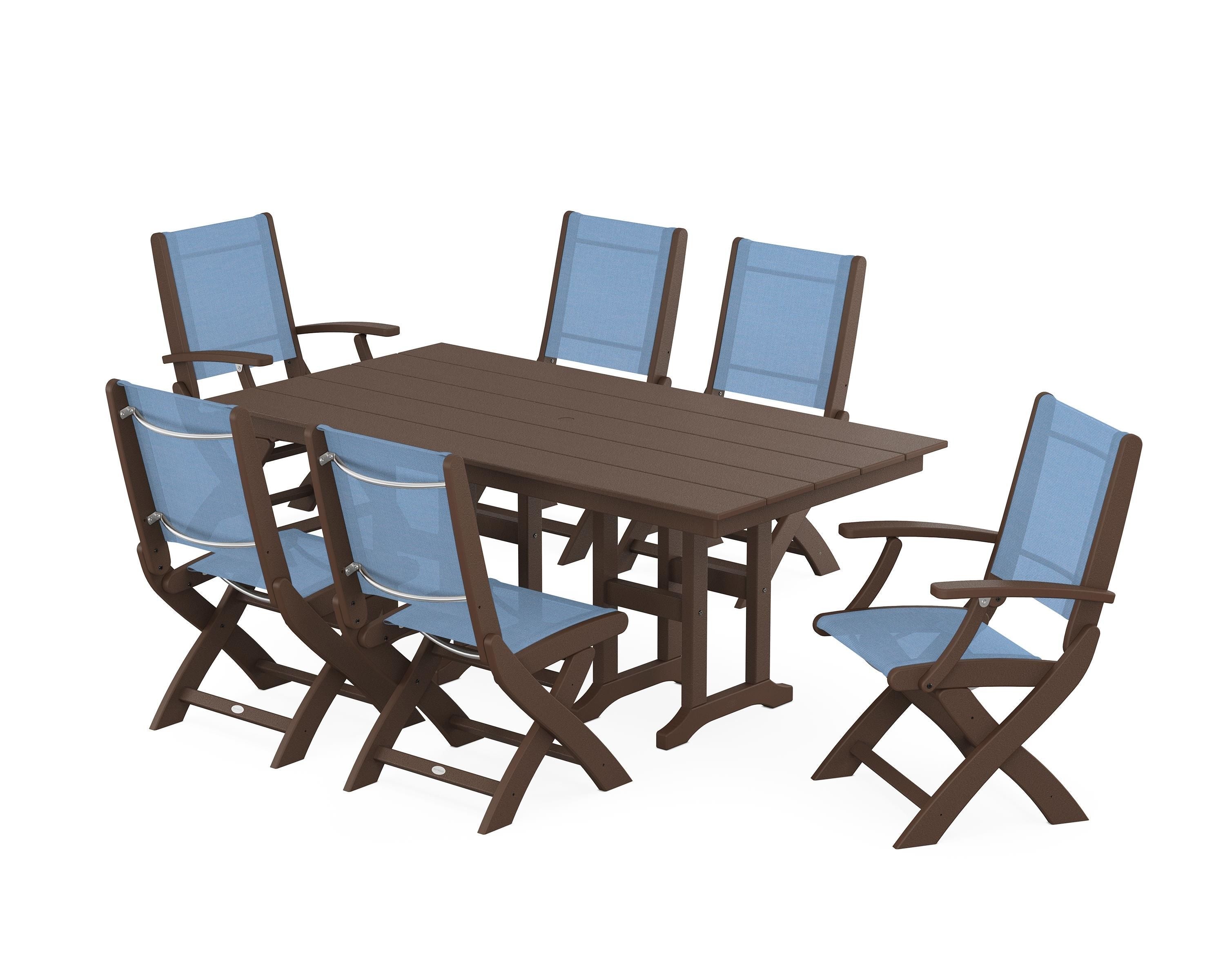 POLYWOOD® Coastal Folding Chair 7-Piece Farmhouse Dining Set in Mahogany / Poolside Sling