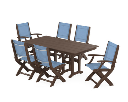 POLYWOOD® Coastal Folding Chair 7-Piece Farmhouse Dining Set in Mahogany / Poolside Sling