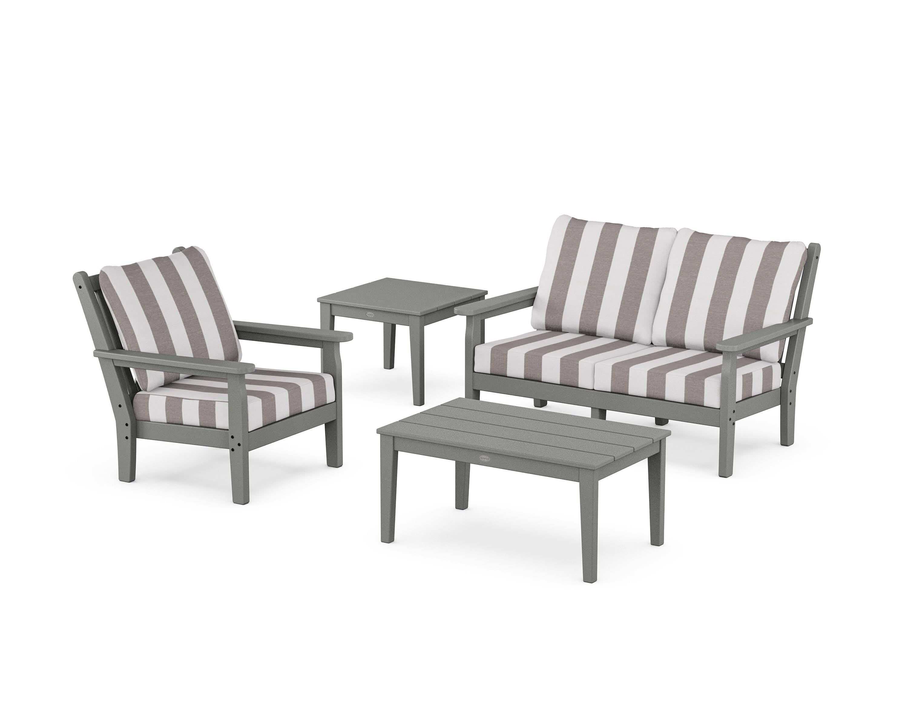 POLYWOOD® Chippendale 4-Piece Deep Seating Set in Slate Grey / Cabana Stripe Grey Mist