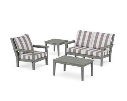 POLYWOOD® Chippendale 4-Piece Deep Seating Set in Slate Grey / Cabana Stripe Grey Mist