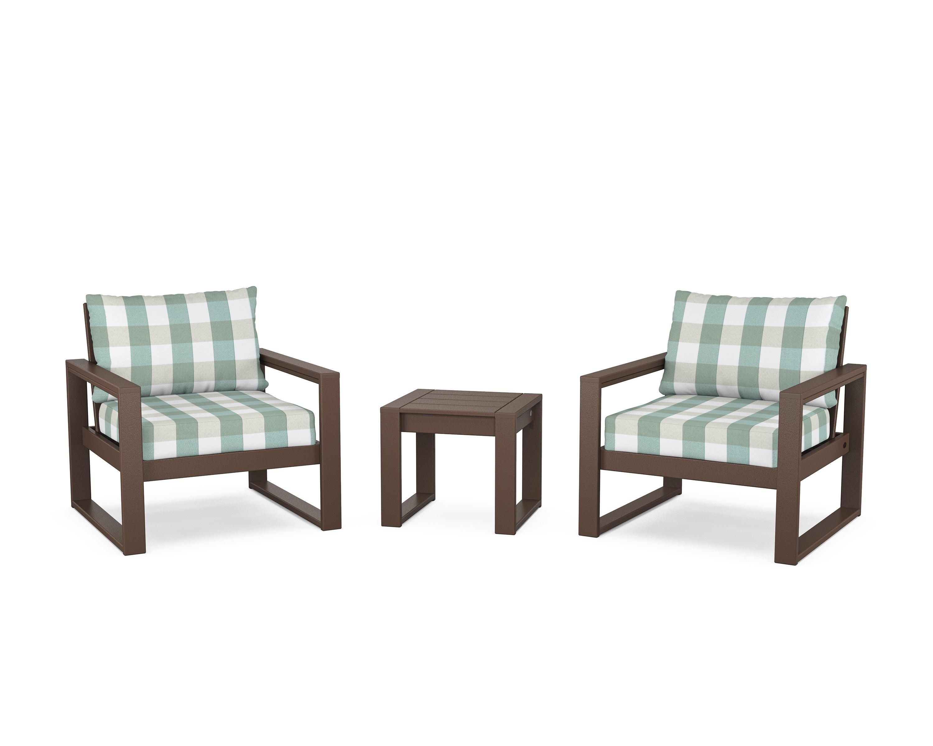 POLYWOOD® EDGE Sectional 3-Piece Deep Seating Set in Mahogany / Buffalo Plaid Glacier Spa
