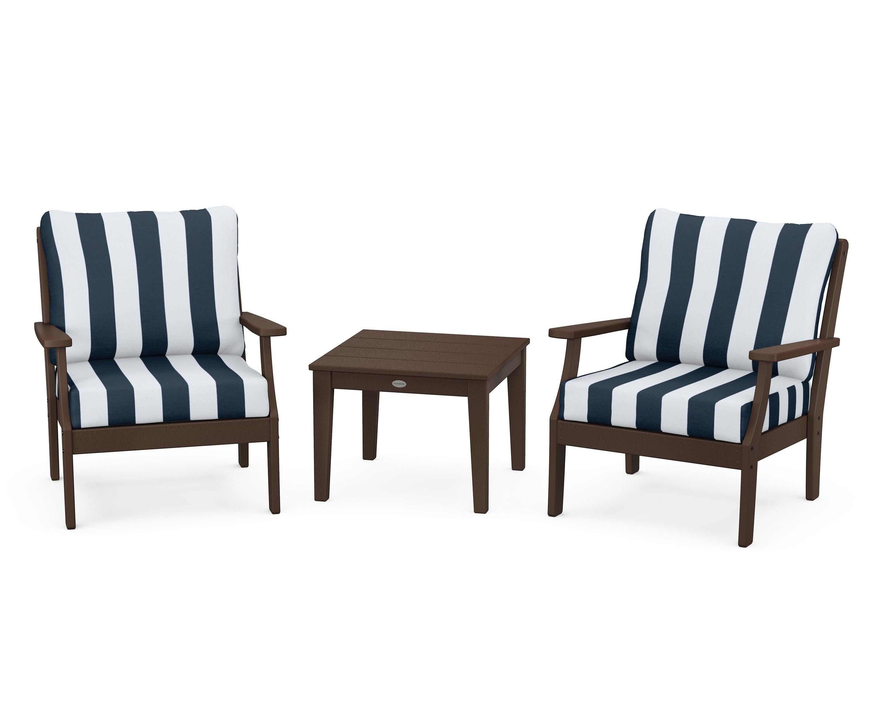 POLYWOOD® Braxton 3-Piece Deep Seating Set in Mahogany / Cabana Stripe Marine Indigo