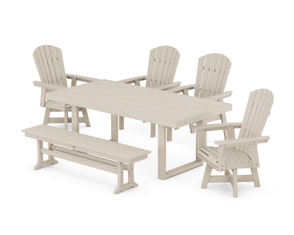 POLYWOOD® Nautical Curveback Adirondack Swivel Chair 6-Piece Dining Set with Bench in Sand
