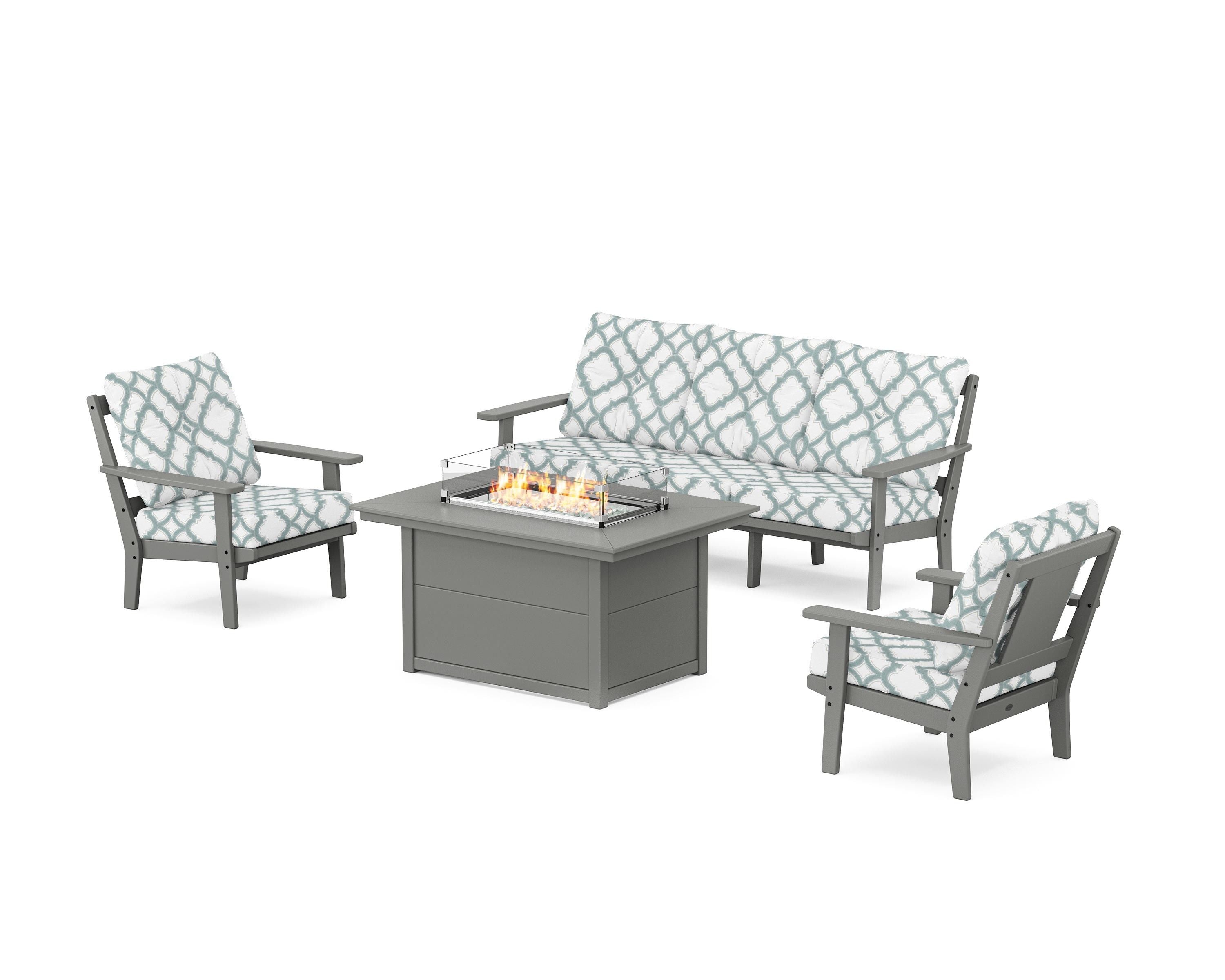 POLYWOOD® Prairie Deep Seating Fire Pit Table Set in Slate Grey / Trellis Glacier Spa