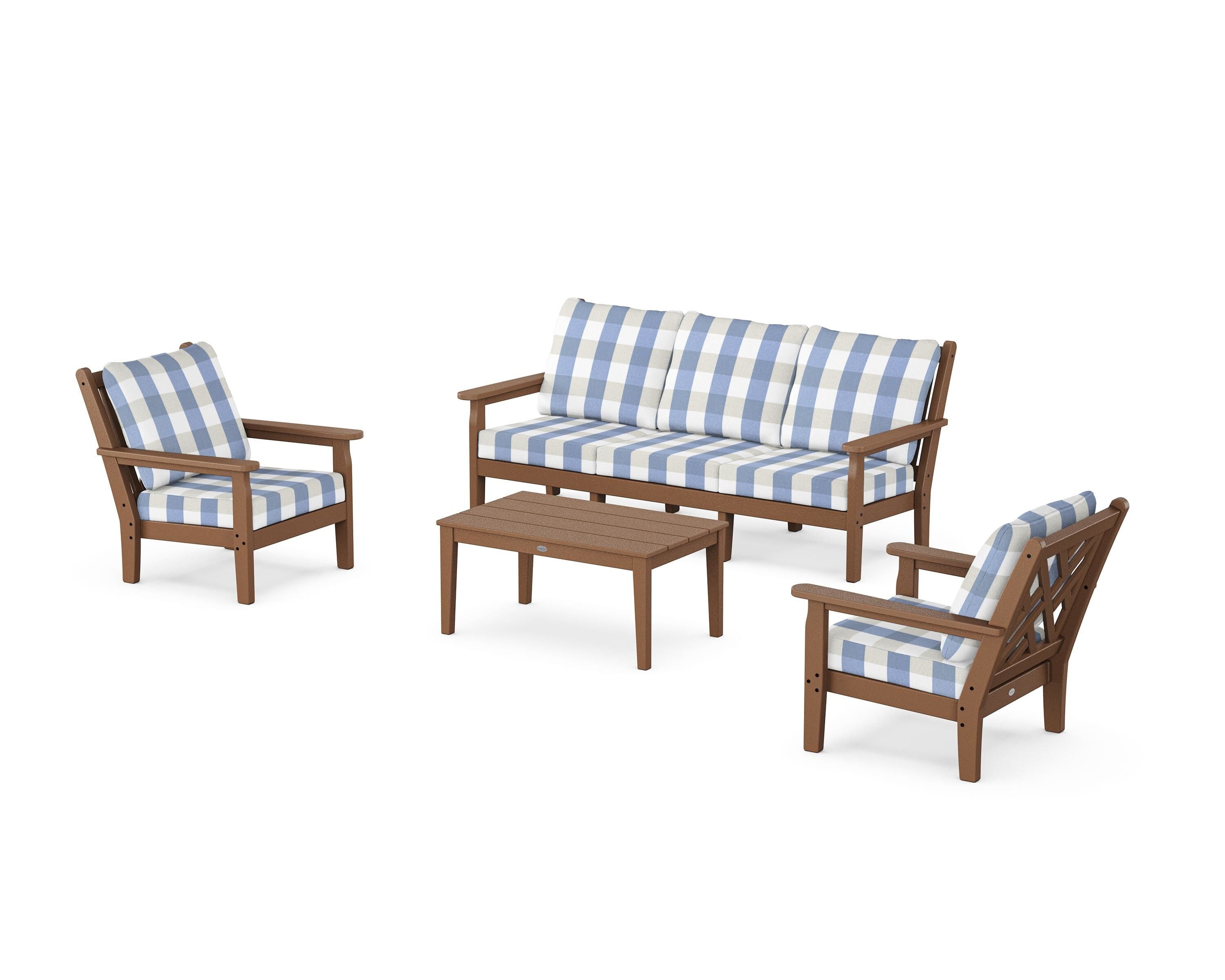 POLYWOOD® Chippendale 4-Piece Deep Seating Set with Sofa in Teak / Buffalo Plaid Sky Blue