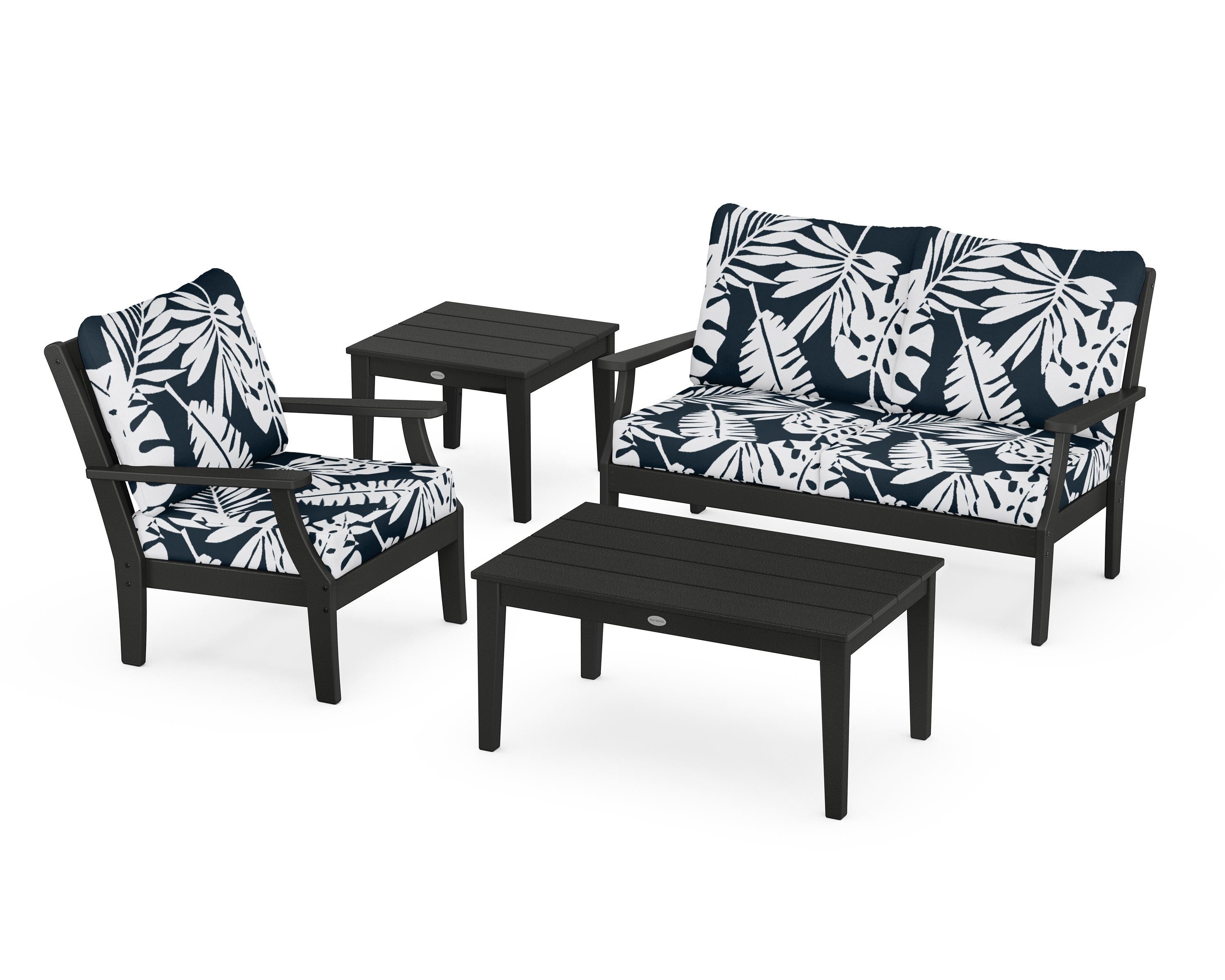 POLYWOOD® Braxton 4-Piece Deep Seating Set in Black / Leaf Marine Indigo