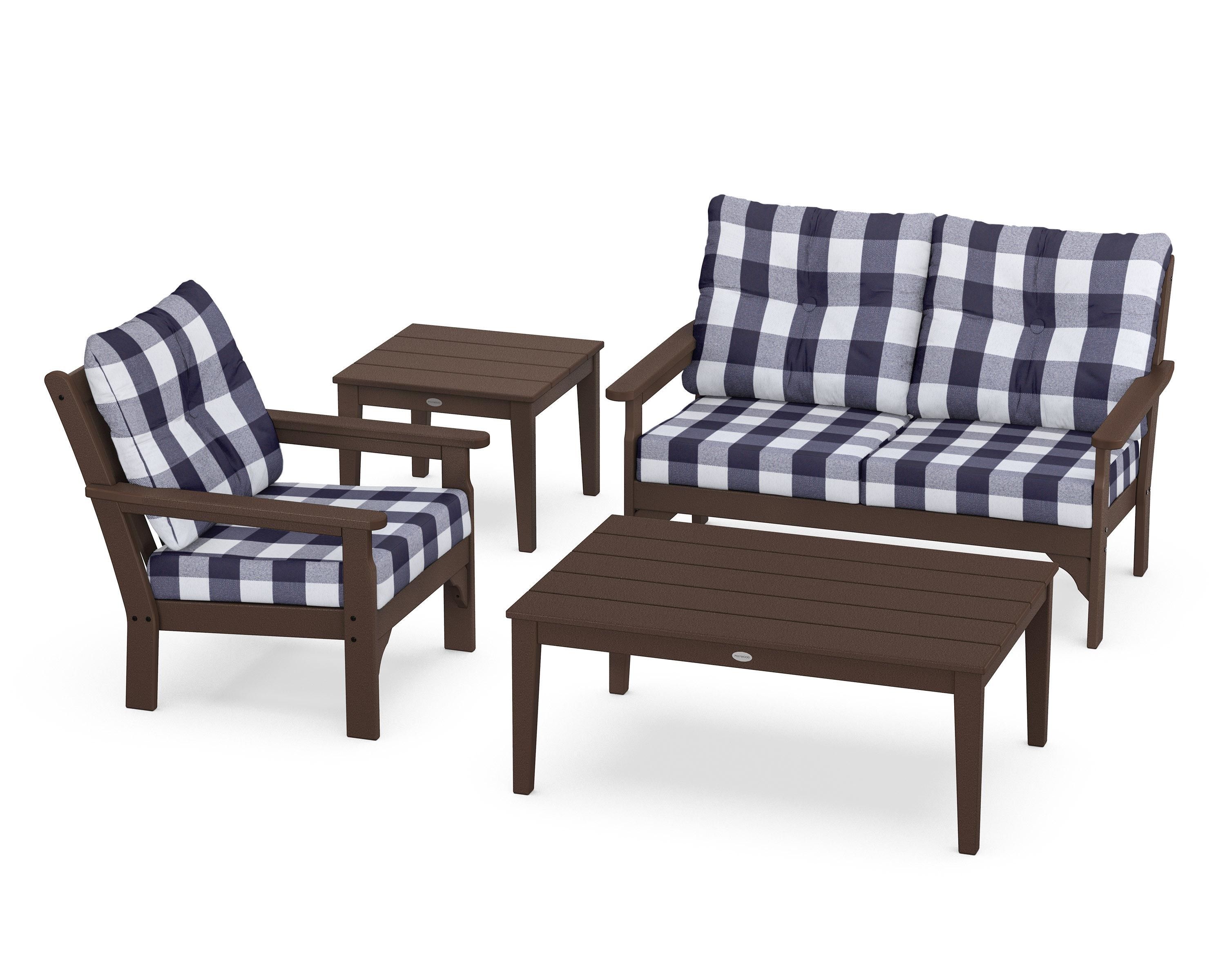 POLYWOOD® Vineyard 4-Piece Deep Seating Set in Mahogany / Buffalo Plaid Navy