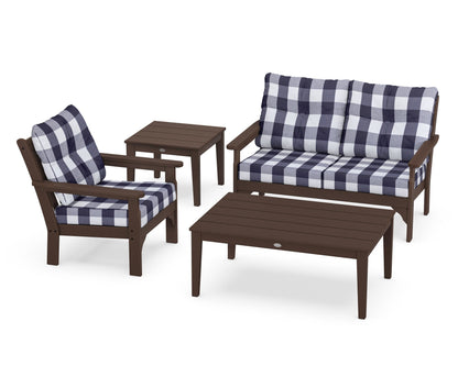 POLYWOOD® Vineyard 4-Piece Deep Seating Set in Mahogany / Buffalo Plaid Navy