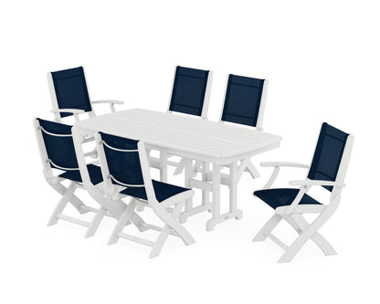 POLYWOOD® Coastal Folding Chair 7-Piece Dining Set in White / Navy Blue Sling