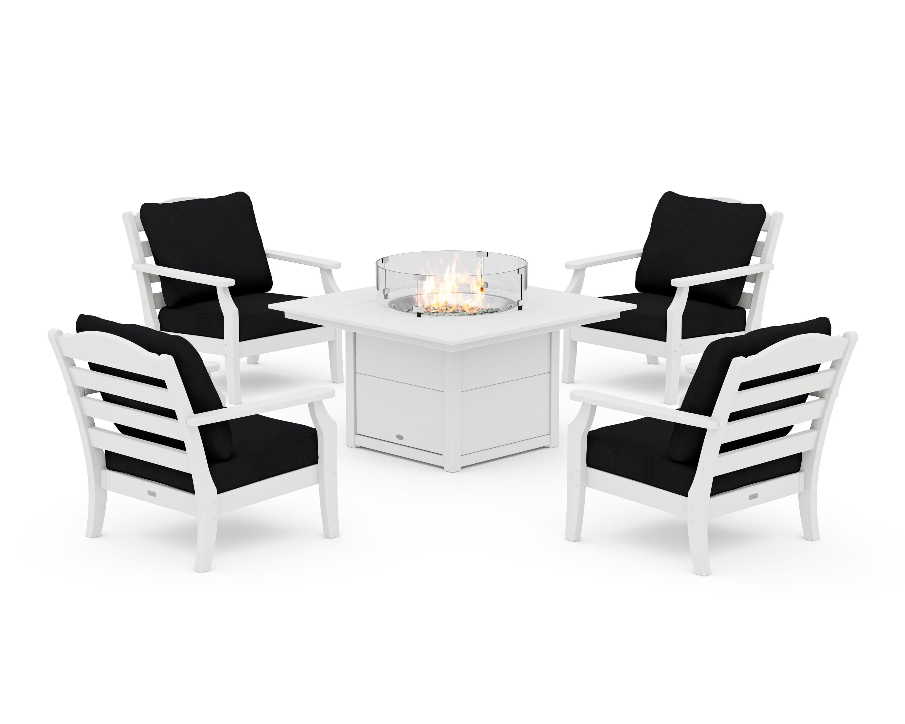 Draper James™ by  POLYWOOD® Savannah 5-Piece Deep Seating Set with Fire Pit Table in White / Midnight Linen