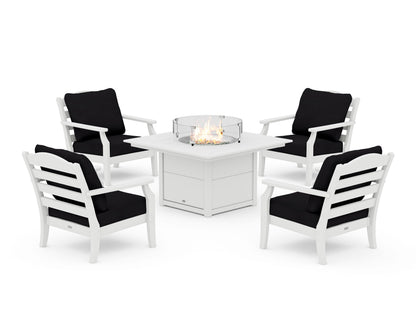 Draper James™ by  POLYWOOD® Savannah 5-Piece Deep Seating Set with Fire Pit Table in White / Midnight Linen
