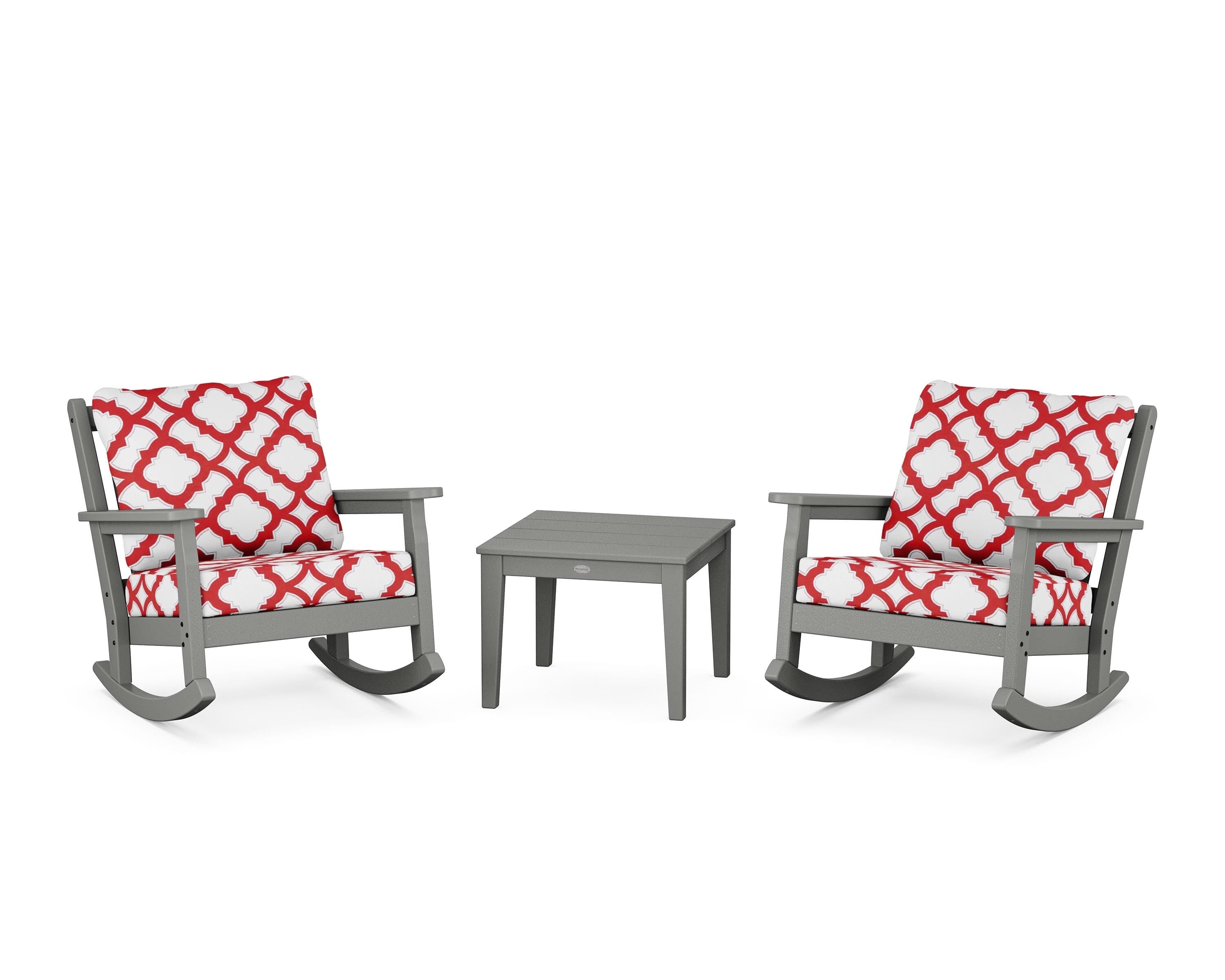 POLYWOOD® Chippendale 3-Piece Deep Seating Rocker Set in Slate Grey / Trellis Crimson