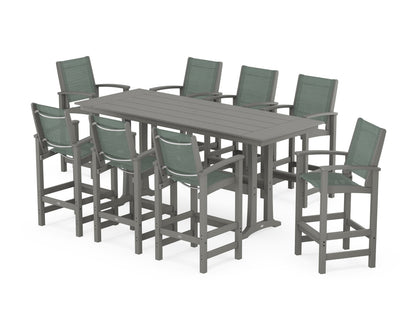POLYWOOD® Coastal 9-Piece Farmhouse Bar Set with Trestle Legs in Slate Grey / Dupioni Sea Mist Sling