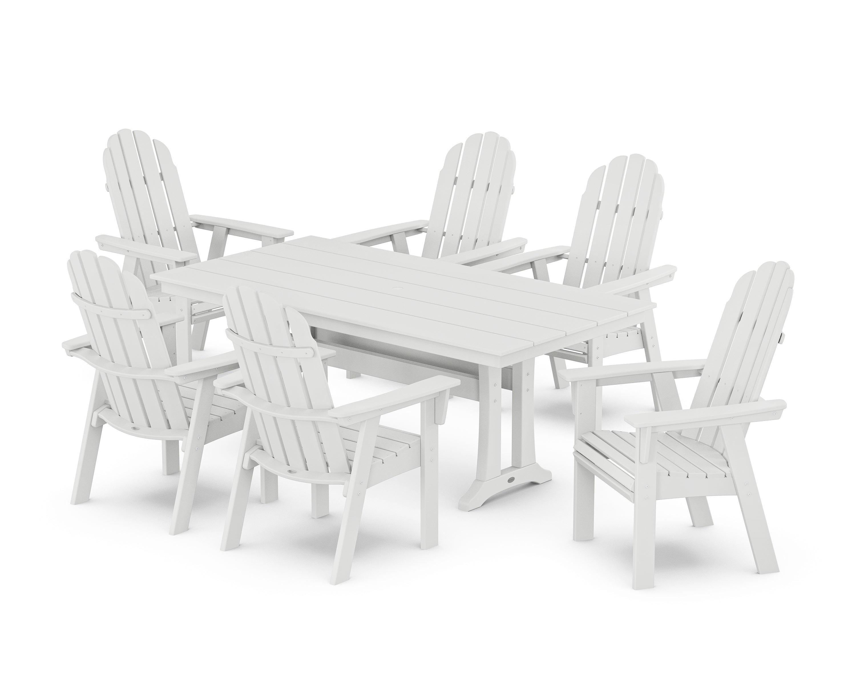 POLYWOOD® Vineyard Curveback Adirondack Chair 7-Piece Farmhouse Dining Set with Trestle Legs in White