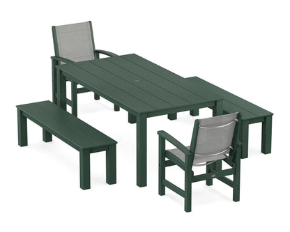 POLYWOOD® Coastal 5-Piece Parsons Dining Set with Benches in Green / Metallic Sling