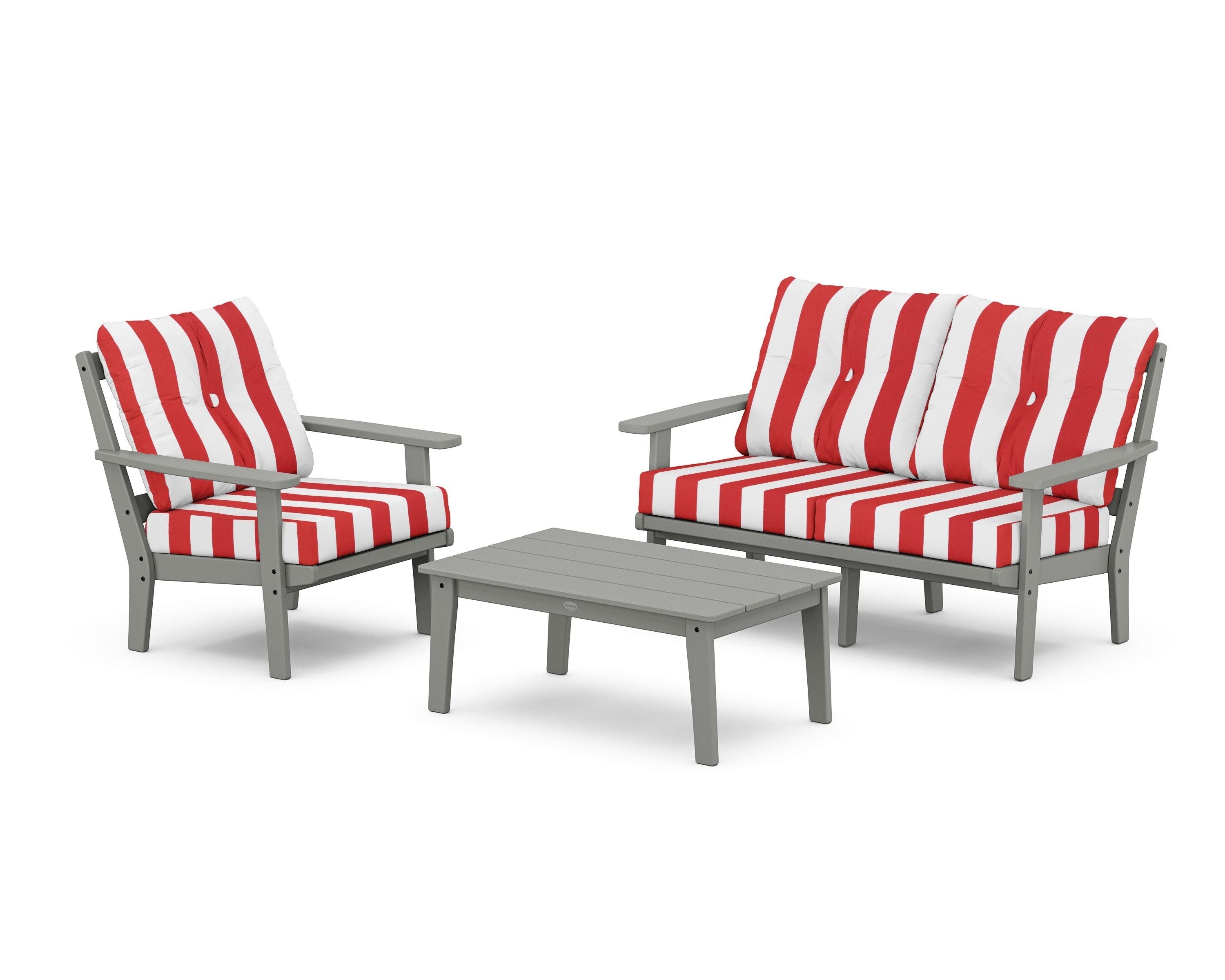 POLYWOOD® Prairie 3-Piece Deep Seating Set with Loveseat in Slate Grey / Cabana Stripe Crimson