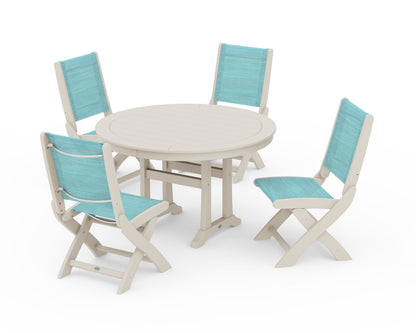 POLYWOOD® Coastal Folding Side Chair 5-Piece Round Dining Set With Trestle Legs in Sand / Dupioni Aquamarine Sling