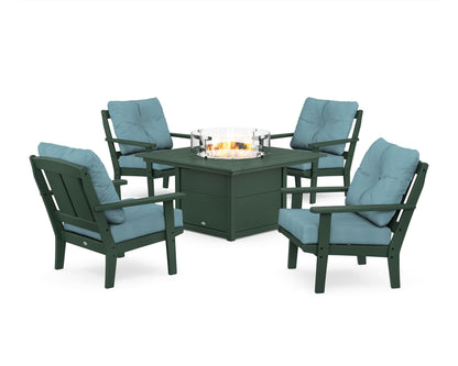 POLYWOOD® Mission 5-Piece Deep Seating Set with Fire Pit Table in Green / Lattice Sky Blue