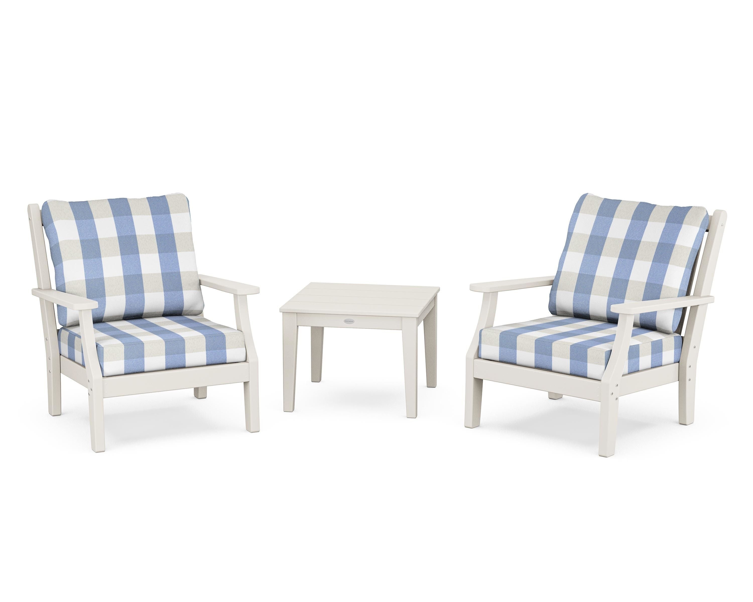 Country Living Wovendale 3-Piece Deep Seating Set in Sand / Buffalo Plaid Sky Blue