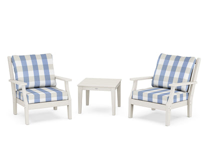 Country Living Wovendale 3-Piece Deep Seating Set in Sand / Buffalo Plaid Sky Blue