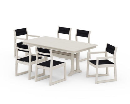 POLYWOOD® EDGE Sling 7-Piece Farmhouse Trestle Dining Set in Sand / Black Sling