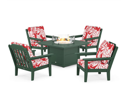 Country Living Cottage 5-Piece Deep Seating Set with Fire Pit Table in Green / Leaf Crimson