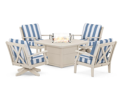 POLYWOOD® Braxton 5-Piece Deep Seating Set with Fire Table in Sand / Cabana Stripe Sky Blue