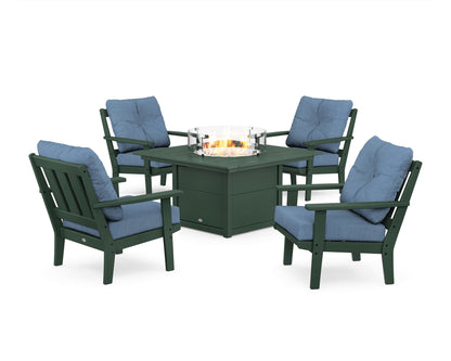 POLYWOOD® Oxford 5-Piece Deep Seating Set with Fire Pit Table in Green / Sky Blue