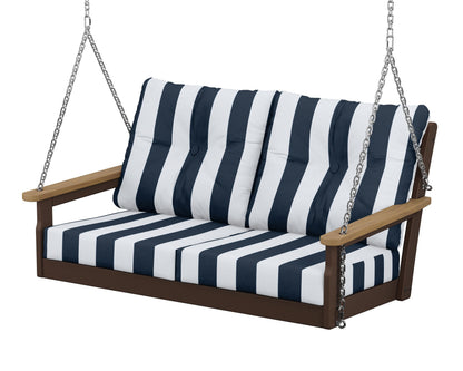 POLYWOOD® Vineyard Deep Seating Swing in Mahogany / Natural / Cabana Stripe Marine Indigo