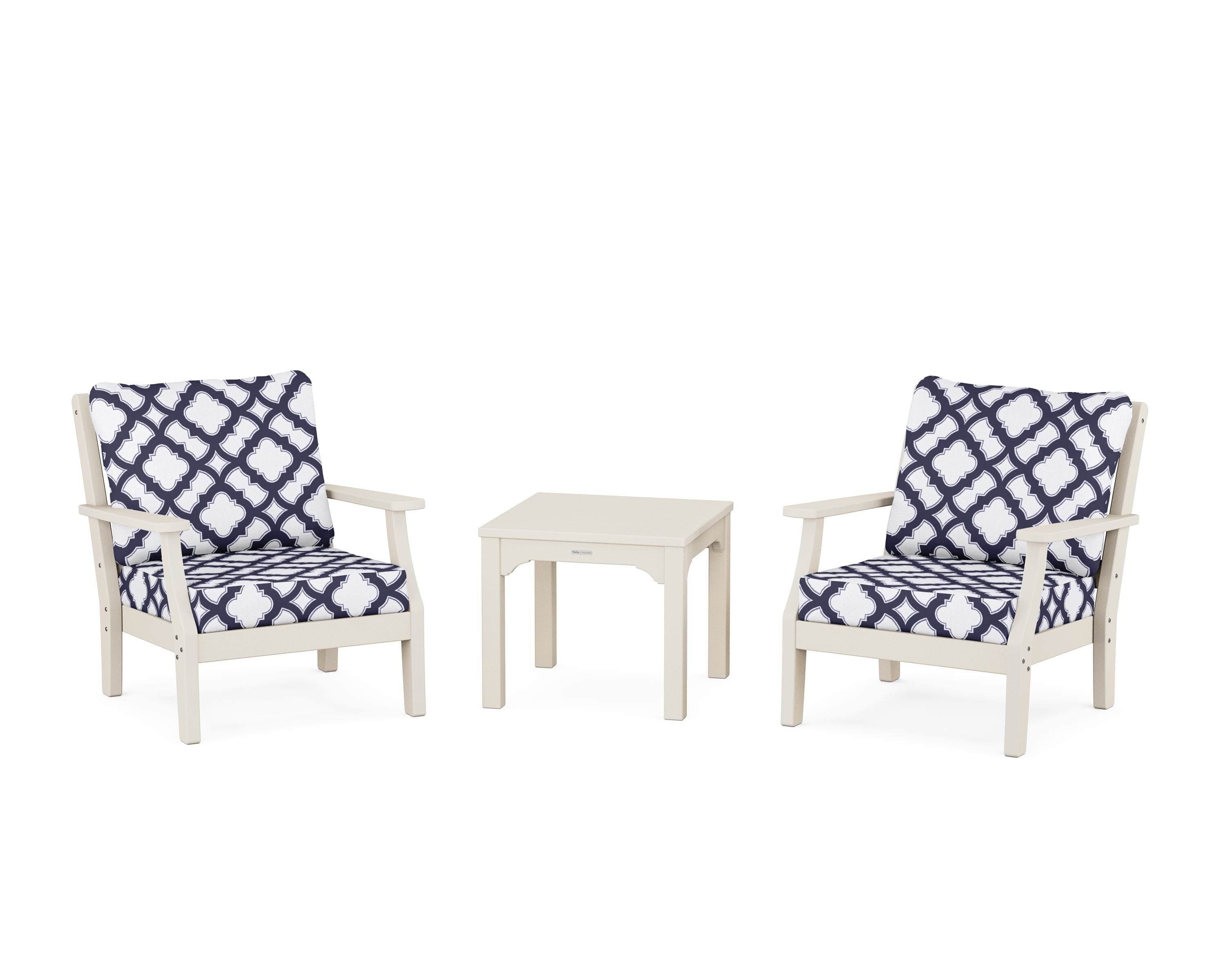 Martha Stewart by POLYWOOD® Chinoiserie 3-Piece Deep Seating Set in Sand / Trellis Navy