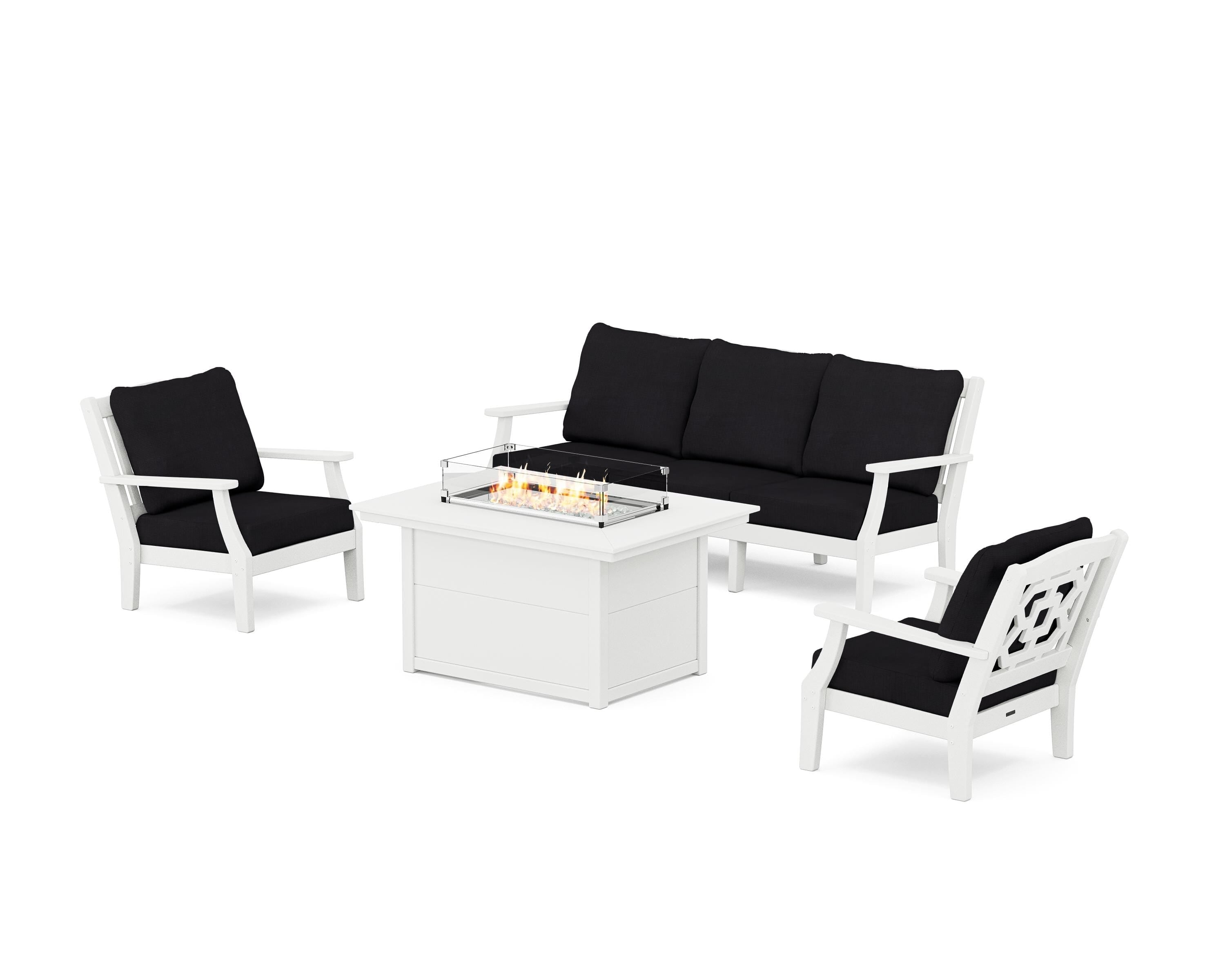 Martha Stewart by POLYWOOD® Chinoiserie Deep Seating Fire Pit Table Set in White / Midnight Linen