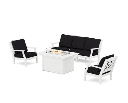 Martha Stewart by POLYWOOD® Chinoiserie Deep Seating Fire Pit Table Set in White / Midnight Linen