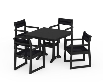 POLYWOOD® EDGE Sling 5-Piece Farmhouse Dining Set with Trestle Legs in Black / Black Sling