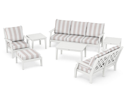 Country Living Wovendale 7-Piece Deep Seating Set in White / Cabana Stripe Dune Burlap
