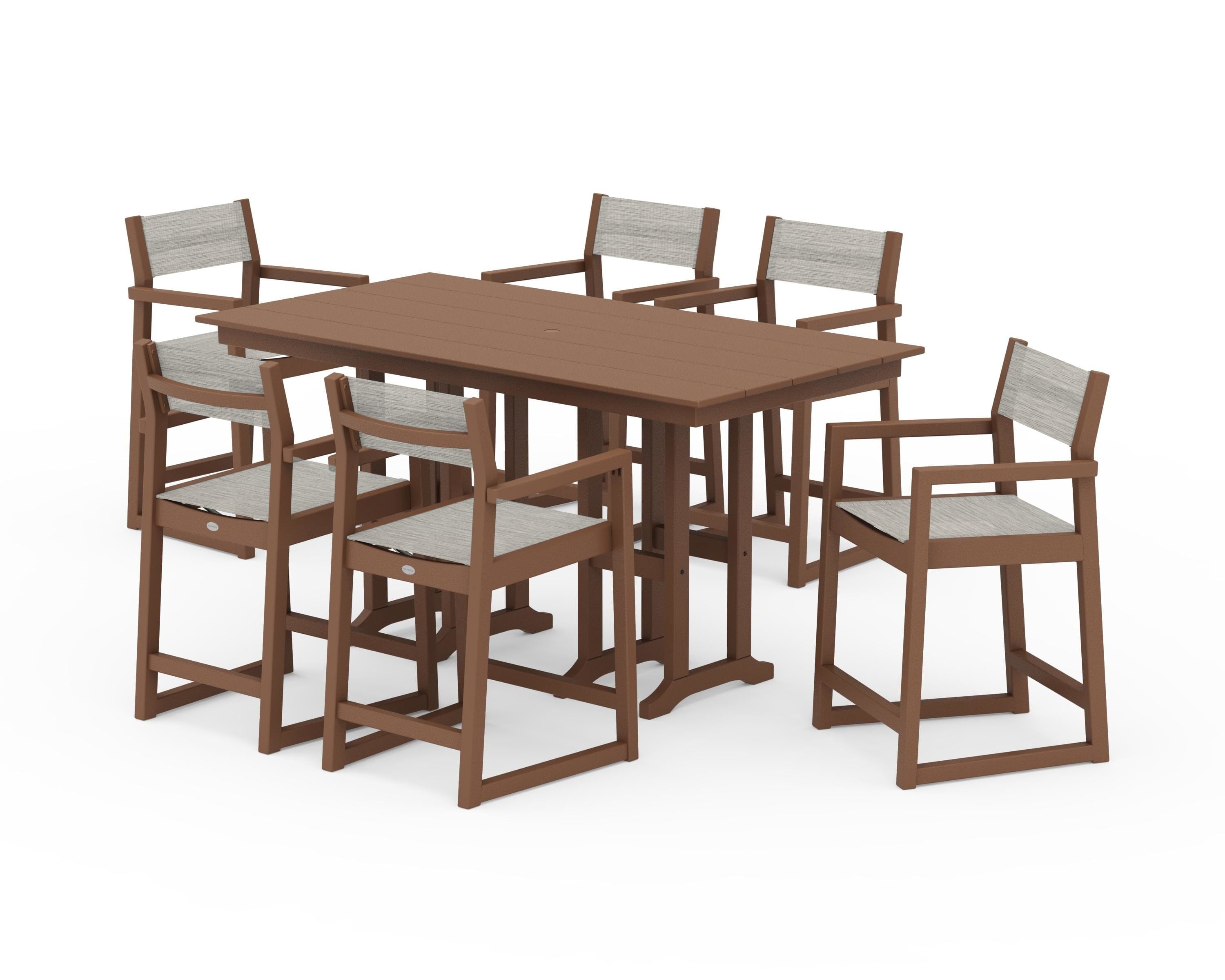 POLYWOOD® EDGE Sling Arm Chair 7-Piece Farmhouse Counter Set in Teak / Birch Sling