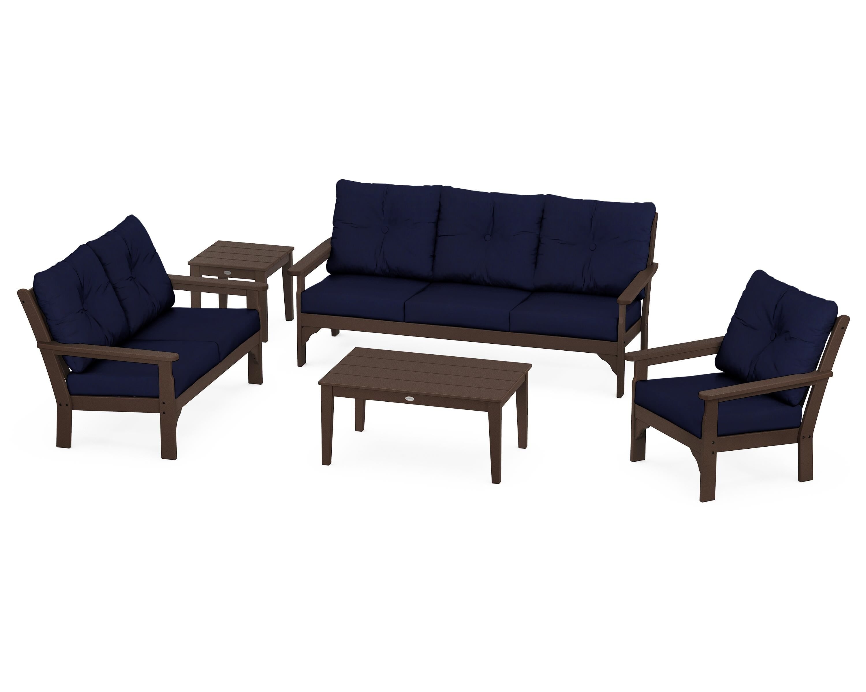 POLYWOOD® Vineyard 5 Piece Deep Seating Set in Mahogany / Navy