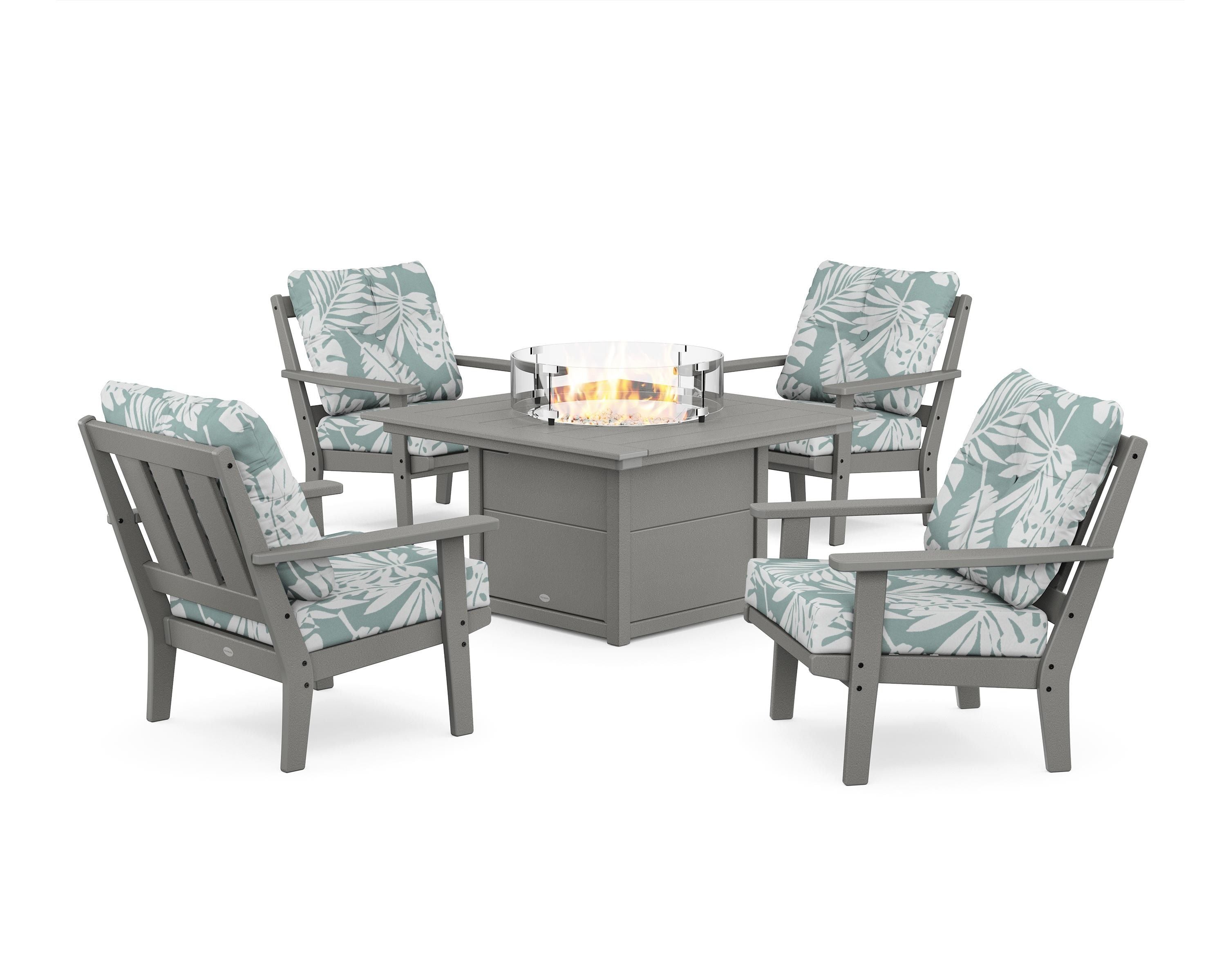 POLYWOOD® Oxford 5-Piece Deep Seating Set with Fire Pit Table in Slate Grey / Leaf Glacier Spa