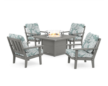 POLYWOOD® Oxford 5-Piece Deep Seating Set with Fire Pit Table in Slate Grey / Leaf Glacier Spa