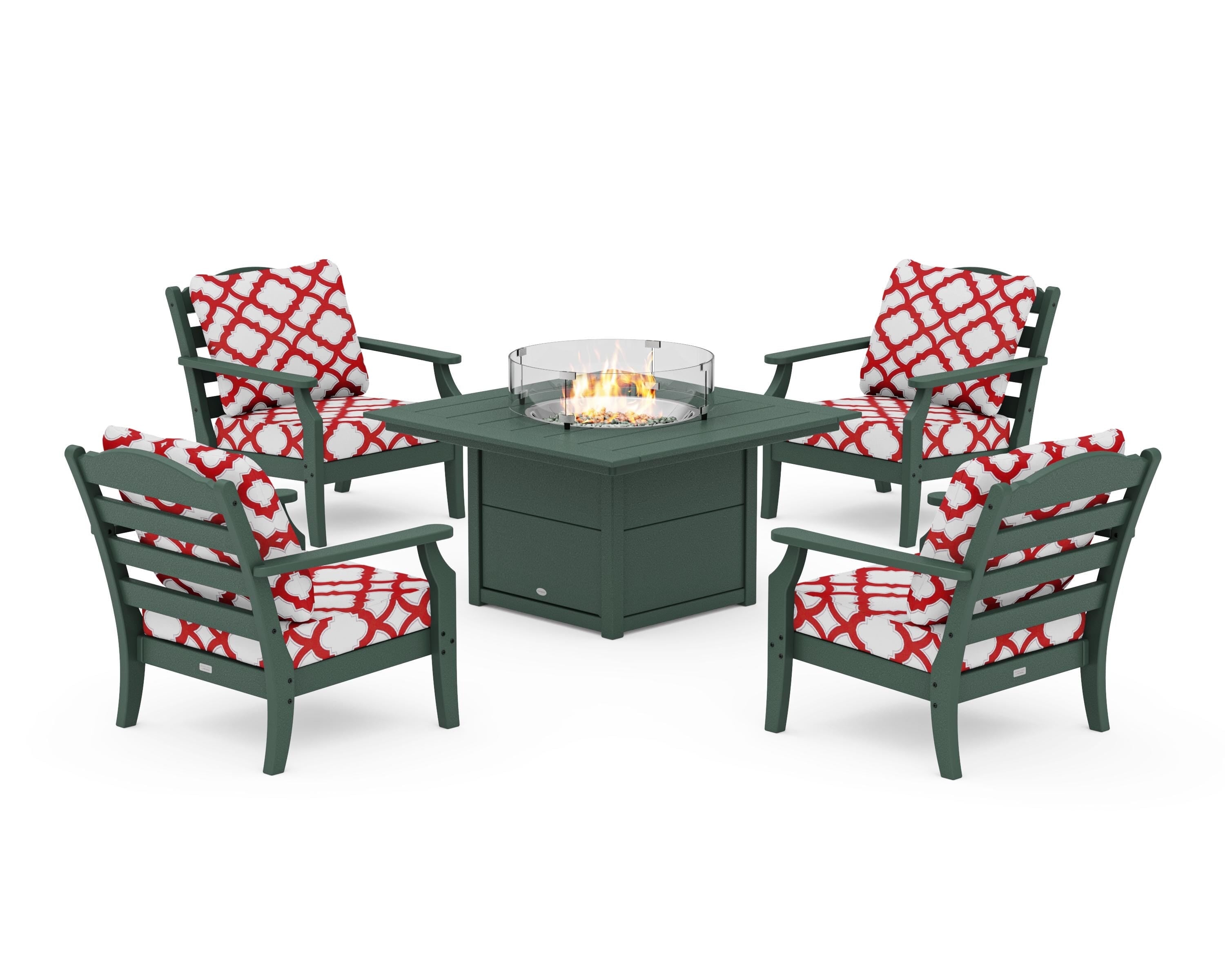 Draper James™ by  POLYWOOD® Savannah 5-Piece Deep Seating Set with Fire Pit Table in Green / Trellis Crimson