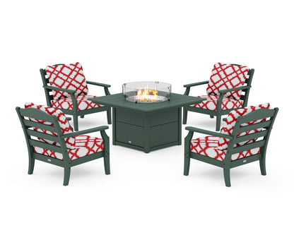 Draper James™ by  POLYWOOD® Savannah 5-Piece Deep Seating Set with Fire Pit Table in Green / Trellis Crimson